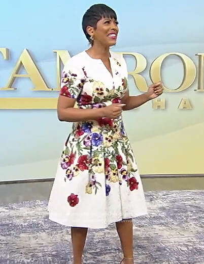 Tamron’s white floral flare dress on Tamron Hall Show