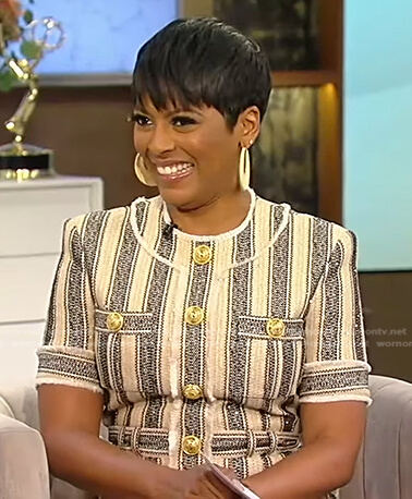 Tamron's striped button embellished dress on Tamron Hall Show