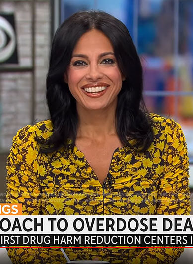 Tara Narula’s yellow floral ruched dress on CBS Mornings