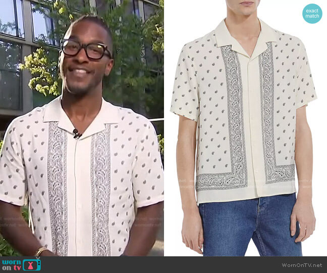 Relaxed Fit Bandana Print Short Sleeve Camp Shirt by The Kooples worn by Scott Evans on Access Hollywood