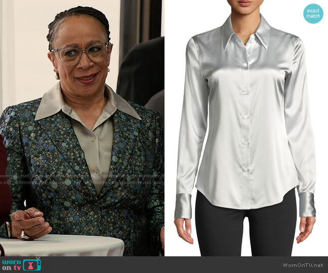 Theory Perfect Fitted 2 Stretch-Satin Long-Sleeve Button-Down Blouse worn by Sharon Goodwin (S. Epatha Merkerson) on Chicago Med