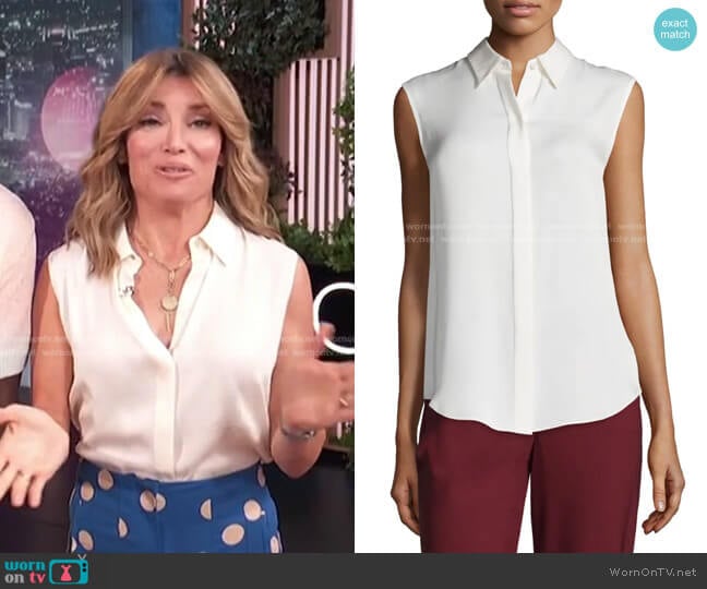 WornOnTV: Kit’s white sleeveless blouse and blue polka dot pants on ...