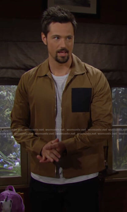Thomas's tan jacket with contrasting pocket on The Bold and the Beautiful
