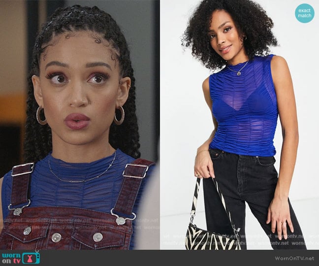 Ruched Mesh Sleeveless Top by Topshop worn by Olivia Baker (Samantha Logan) on All American