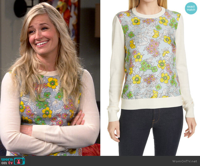 Tory Burch Floral Silk Front Sweater worn by Gemma (Beth Behrs) on The Neighborhood