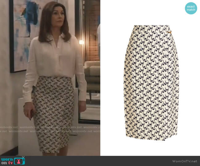 Tory Burch Printed Twill Wrap Skirt In Navy Stencil Floral worn by Vivian Katz (Wendy Crewson) on Good Sam