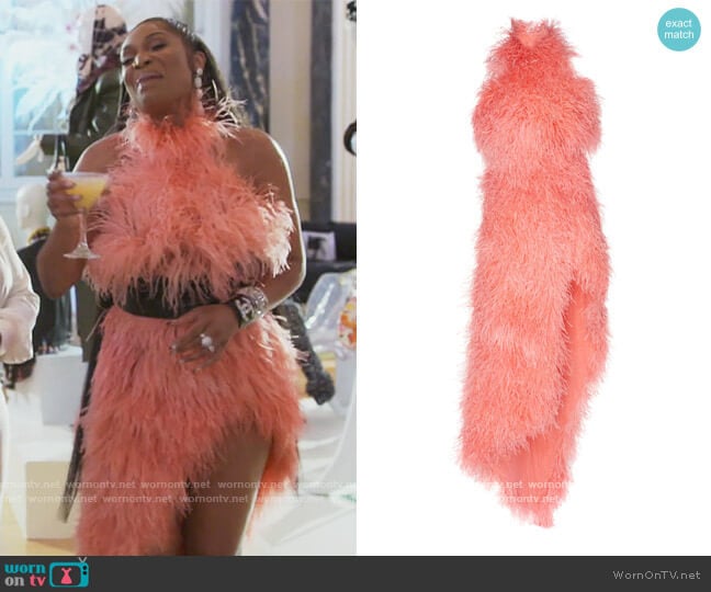 Asymmetric High-Neck Feather Dress by The Attico worn by Marlo Hampton on The Real Housewives of Atlanta