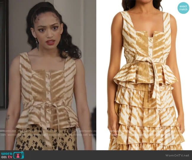 Denia Tie Dye Cotton Peplum Top by Ulla Johnson worn by Olivia Baker (Samantha Logan) on All American