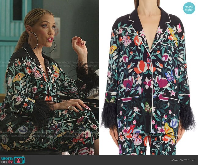 Floral Print Silk Top with Feather Trim Cuffs by Valentino worn by Dominique Deveraux (Michael Michele) on Dynasty