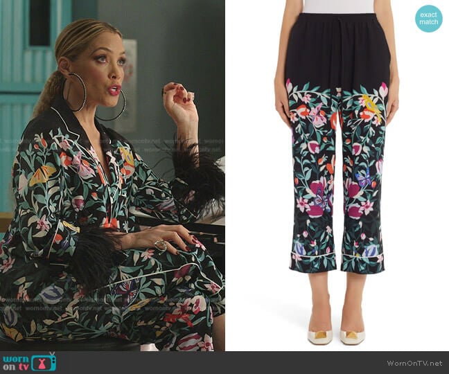 Flower Garden Print Silk Crêpe de Chine Pants by Valentino worn by Dominique Deveraux (Michael Michele) on Dynasty