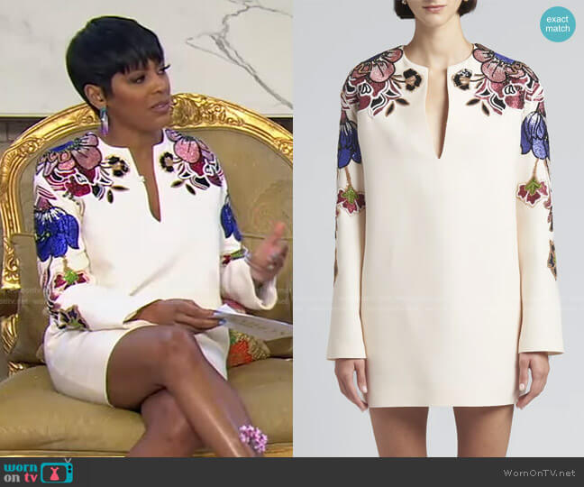 Hawaiian Floral-Embellished Crepe Mini Tunic Dress by Valentino worn by Tamron Hall  on Tamron Hall Show