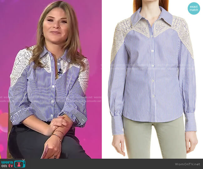 Sachse Stripe Crochet Accent Cotton Blouse by Veronica Beard worn by Jenna Bush Hager  on Today