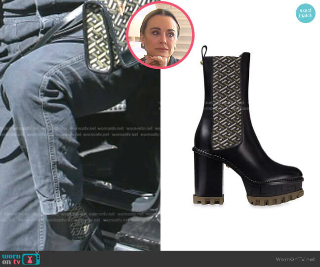 Greca Platform Leather Booties by Versace worn by Kyle Richards  on The Real Housewives of Beverly Hills