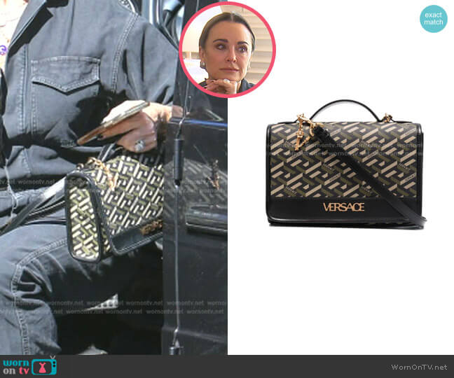 La Greca Signature Shoulder Bag by Versace worn by Kyle Richards  on The Real Housewives of Beverly Hills
