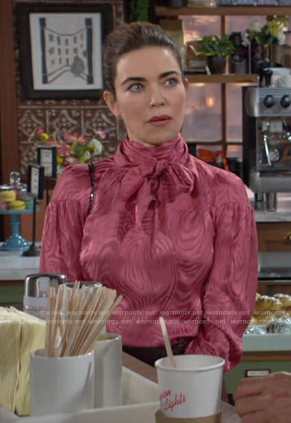 Victoria's pink swirl pattern tie neck blouse on The Young and the Restless