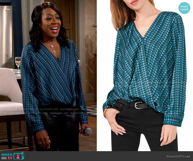 Vince Camuto Printed Wrap Front Blouse worn by Tina (Tichina Arnold) on The Neighborhood