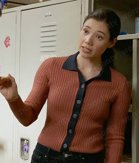 Violet’s rust brown cardigan with navy trim on Chicago Fire