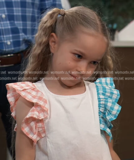 Violet's white ruffle check sleeve top on General Hospital