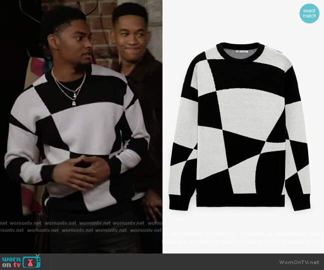Geometric Jacquard Sweater by Zara worn by JR (Sylvester Powell) on All American Homecoming