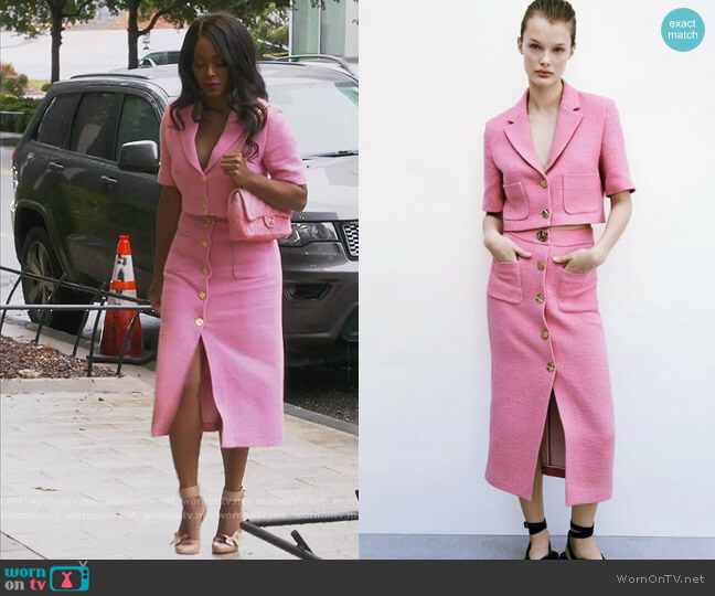 Pink Textured Jacket and Skirt by Zara worn by Kenya Moore on The Real Housewives of Atlanta
