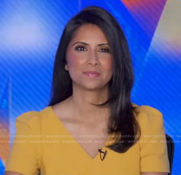 Zohreen Shah's yellow v-neck dress on Good Morning America