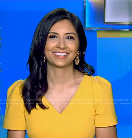Zohreen Shah's yellow v-neck dress on Good Morning America