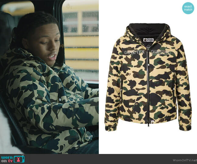 Camouflage-print Hooded Jacket by A Bathing Ape worn by Michael Epps on The Chi worn by Jake (Michael Epps) on The Chi