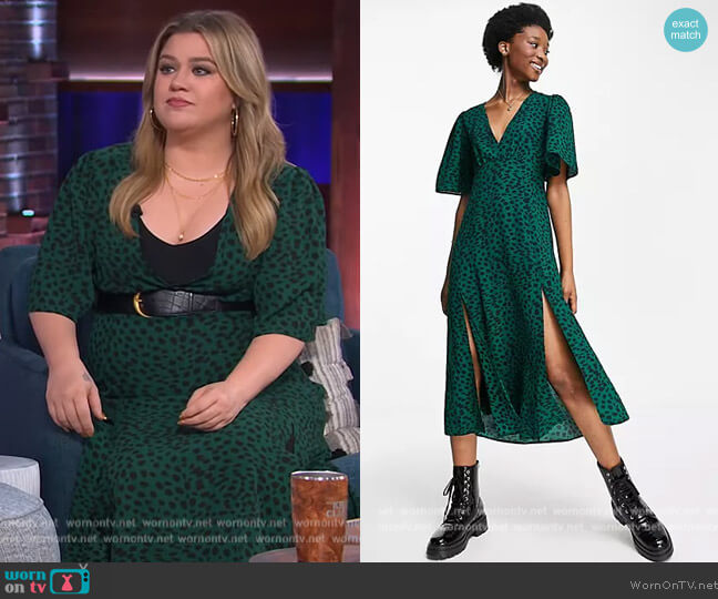 Angel Sleeve Midi Dress in green animal print by ASOS worn by Kelly Clarkson on The Kelly Clarkson Show