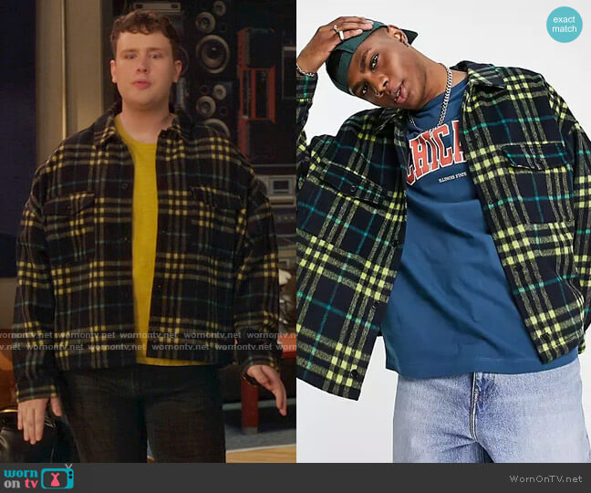 ASOS DESIGN oversized western wool mix shacket in navy and yellow check worn by Tate (Grey Henson) on Girls5eva