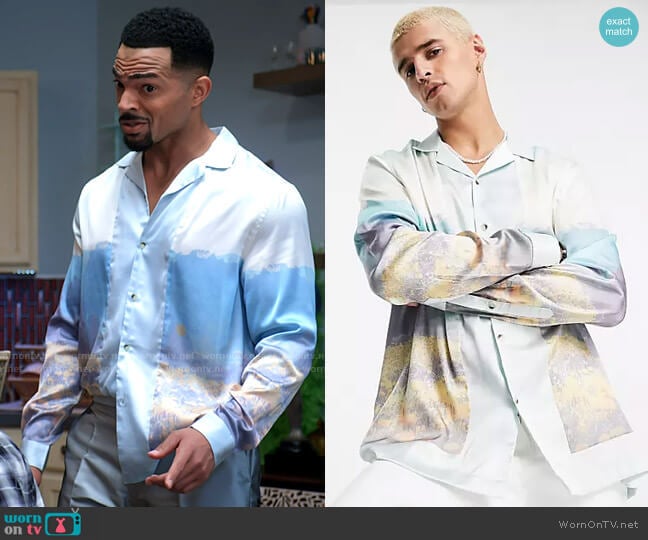 ASOS DESIGN relaxed revere shirt with scenic print in satin worn by Calvin Rodney (Anthony Dalton) on Tyler Perrys Sistas