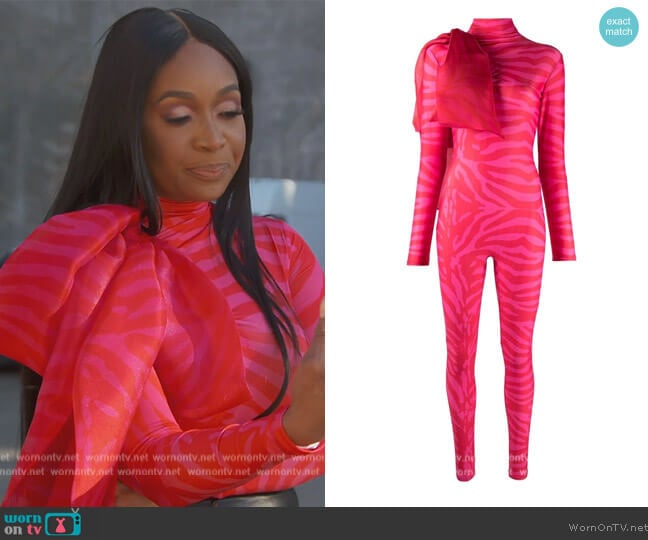 Tiger-print organza-bow catsuit by Atu Body Couture worn by Marlo Hampton  on The Real Housewives of Atlanta