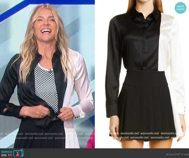 Willa Colorblock Hidden Placket Stretch Silk Top by Alice + Olivia worn by Amanda Kloots on The Talk