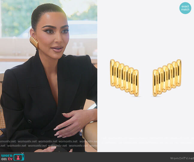 Ribbed Gold Earrings by Balenciaga worn by Kim Kardashian (Kim Kardashian) on The Kardashians