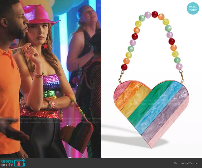 Rainbow Striped Heart Shoulder Bag by Bari Lynn worn by Kirby Anders (Maddison Brown) on Dynasty