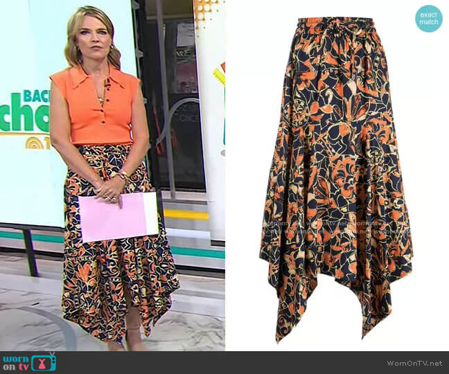 WornOnTV: Savannah’s orange polo top and floral asymmetric hem skirt on ...