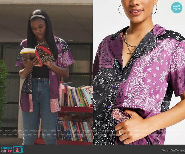 CD Femme oversized satin shirt in patchwork bandana set by ASOS worn by Calliope Burns (Imani Lewis) on First Kill