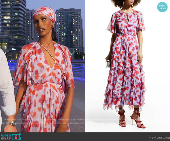Abstract-Print Cascading Ruffle Maxi Dress by Caroline Herrera worn by Chanel Ayan (Chanel Ayan) on The Real Housewives of Dubai