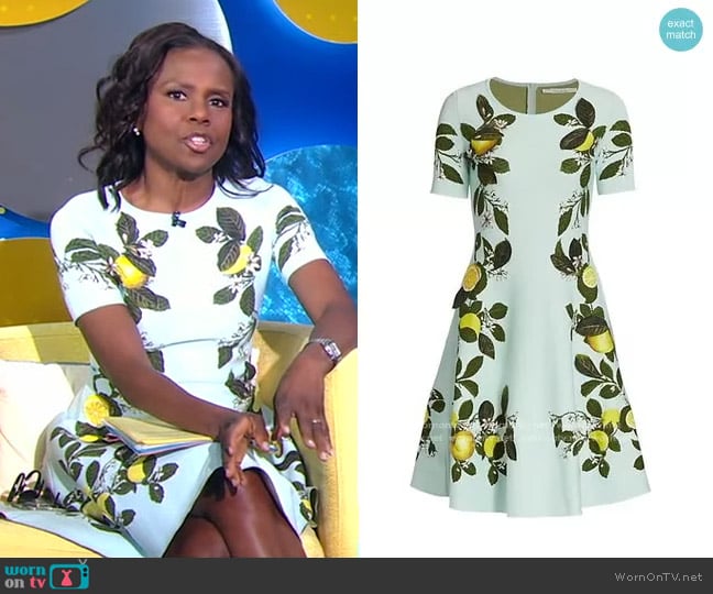 Citrus Primavera Jacquard Fit-&-Flare Dress by Oscar de la Renta worn by Deborah Roberts on Good Morning America