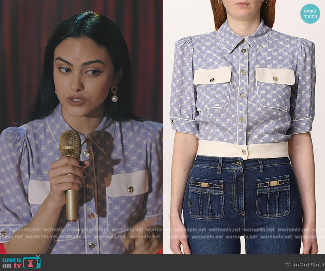 Shirt with all-over monogram logo by Elisabetta Franchi worn by Veronica Lodge (Camila Mendes) on Riverdale