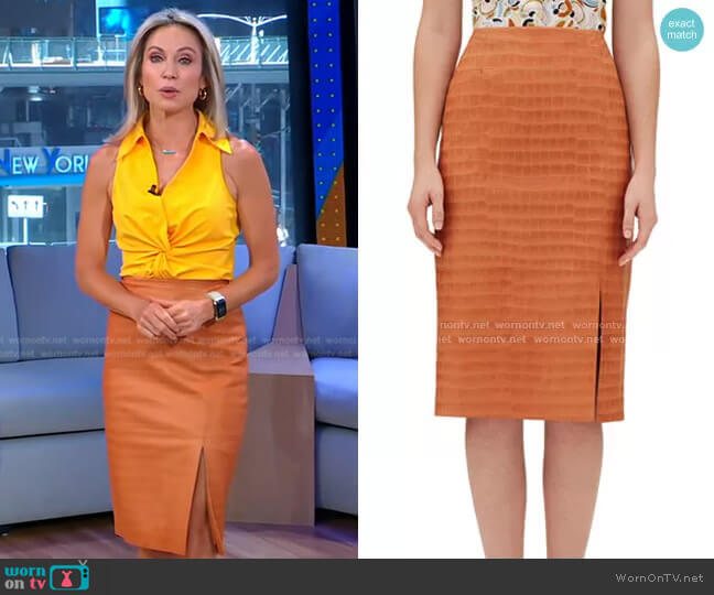 Esma Etched Croco Leather Skirt by Lafayette 148 New York worn by Amy Robach on Good Morning America