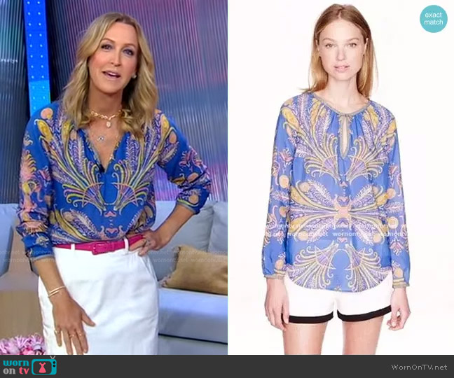 WornOnTV: Lara’s blue feather print blouse on Good Morning America ...