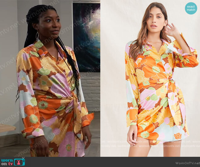 Floral Satin Belted Wrap Dress by Forever 21 worn by Trina Robinson (Tabyana Ali) on General Hospital