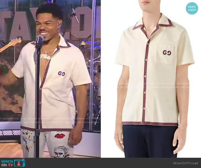 GG Embroidery Bowling Shirt by Gucci worn by Taylor Bennett on GMA