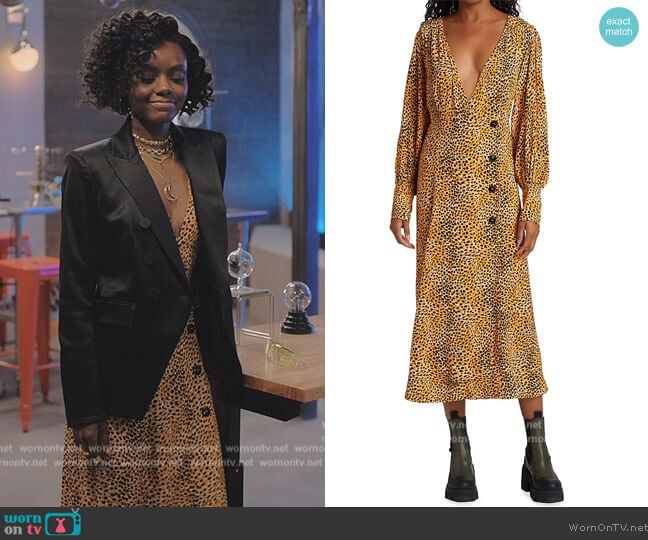 Leopard Print Plunge Midi Dress by Ganni worn by Zenzi Fullington (Ashleigh Murray) on Tom Swift