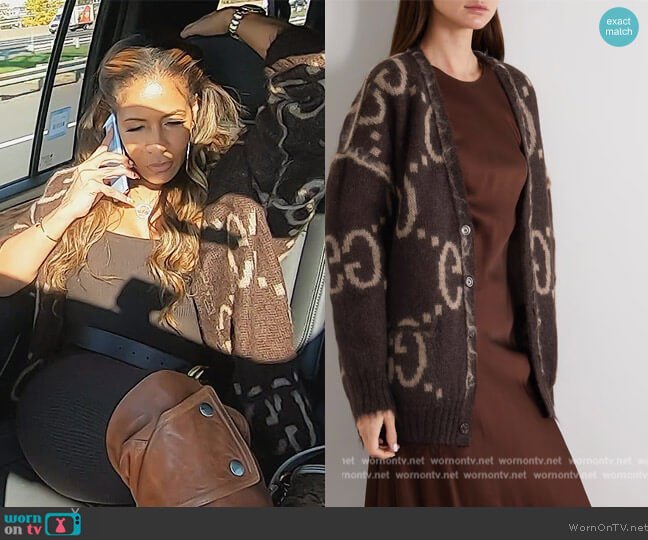 Oversized reversible jacquard-knit mohair-blend cardigan by Gucci worn by Sheree Whitefield on The Real Housewives of Atlanta
