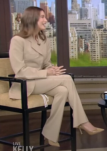 Hailey Bieber’s beige blazer and pants on Live with Kelly and Ryan