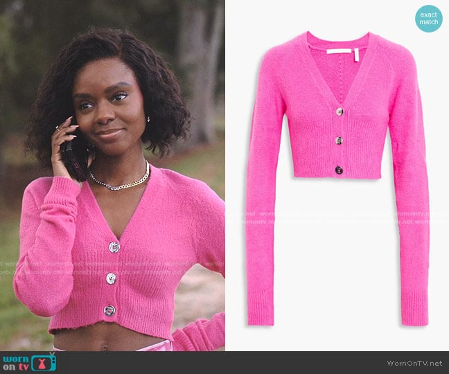 Ribbed Cropped V-Neck Cardigan by Helmut Lang worn by Zenzi Fullington (Ashleigh Murray) on Tom Swift