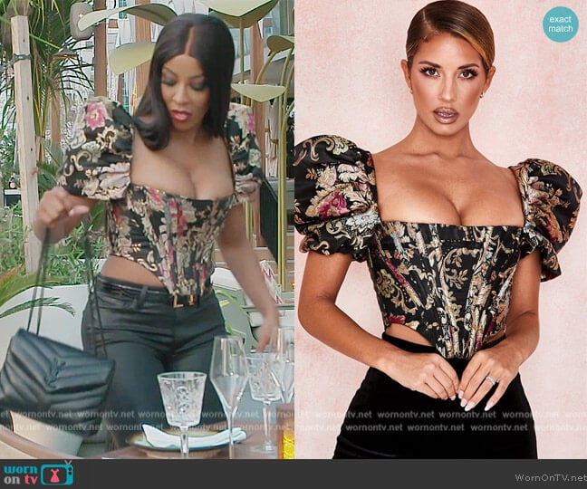 Isabella Brocade Jacquard Puff Sleeve Bustier by House of CB worn by Caroline Brooks (Caroline Brooks) on The Real Housewives of Dubai