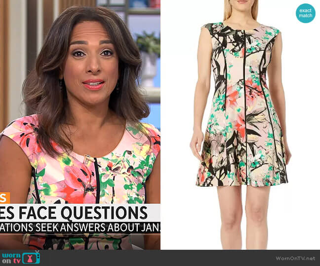 Jax  Floral-Print Scuba Fit-and-Flare Dress worn by Michelle Miller on CBS Mornings