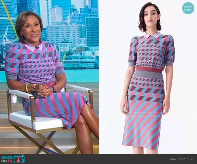 Jenny Collared Knit Pullover and Lris Skirt by Diane von Furstenberg worn by Robin Roberts on Good Morning America